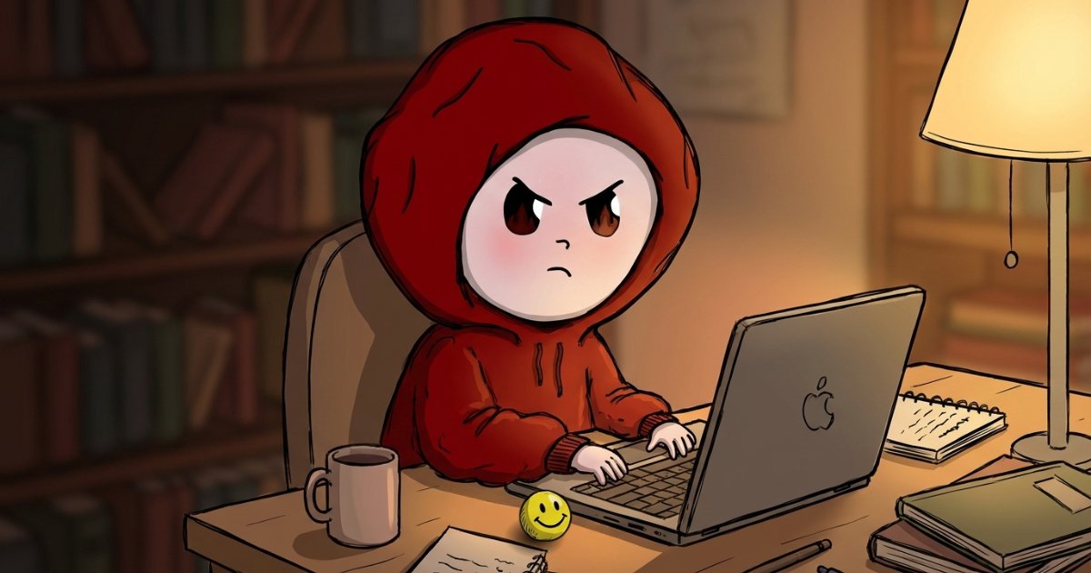 Angry Moodz character writing a blog